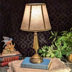 Vintage Brass Table Lamp Floral Fabric Shade Cottage Decor Bedside Reading Light